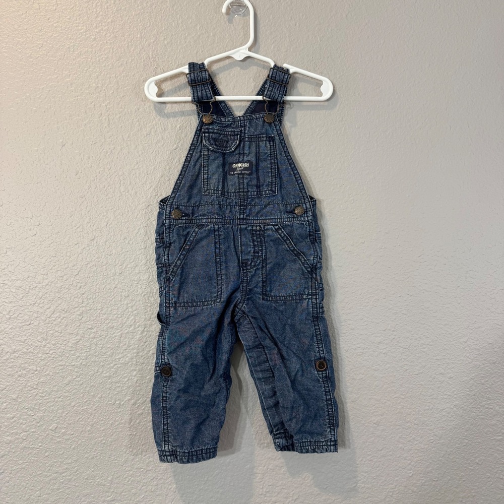 OshKosh B'gosh Kid's Size 12M Blue Fleece Lined Cotton Adjustable Denim Overalls